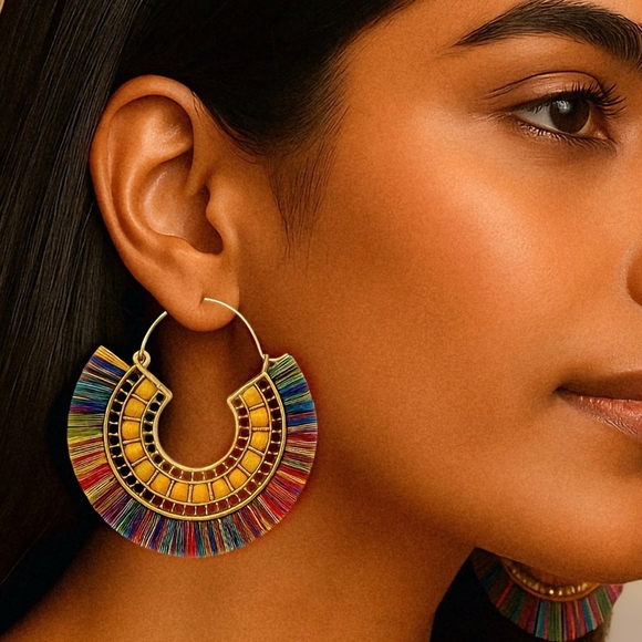 🆕️Boho Chic Rainbow Hoop Earrings Handmade Indian Artisan Statement Jewelry - Picture 12 of 12